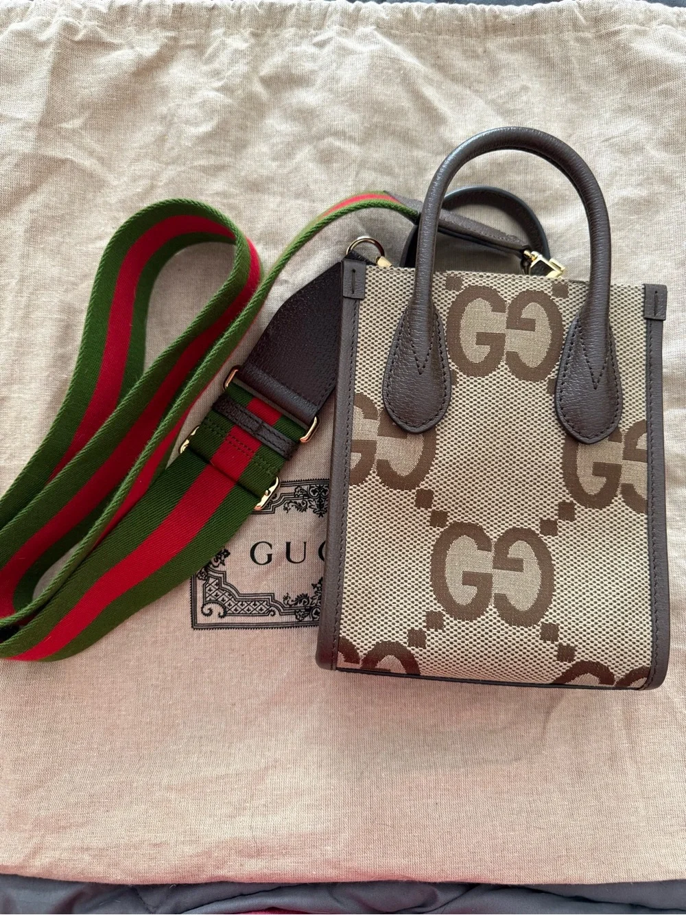 Gucci Brown/Beige GG Mini Tote with Green-Red Web Strap - Picture 1 of 11
